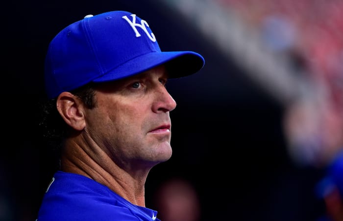 Apr 12, 2022; St. Louis, Missouri, USA; Kansas City Royals manager Mike Matheny (22) looks on from the dugout before a game against the St. Louis Cardinals at Busch Stadium. Mandatory Credit: Jeff Curry-USA TODAY Sports
